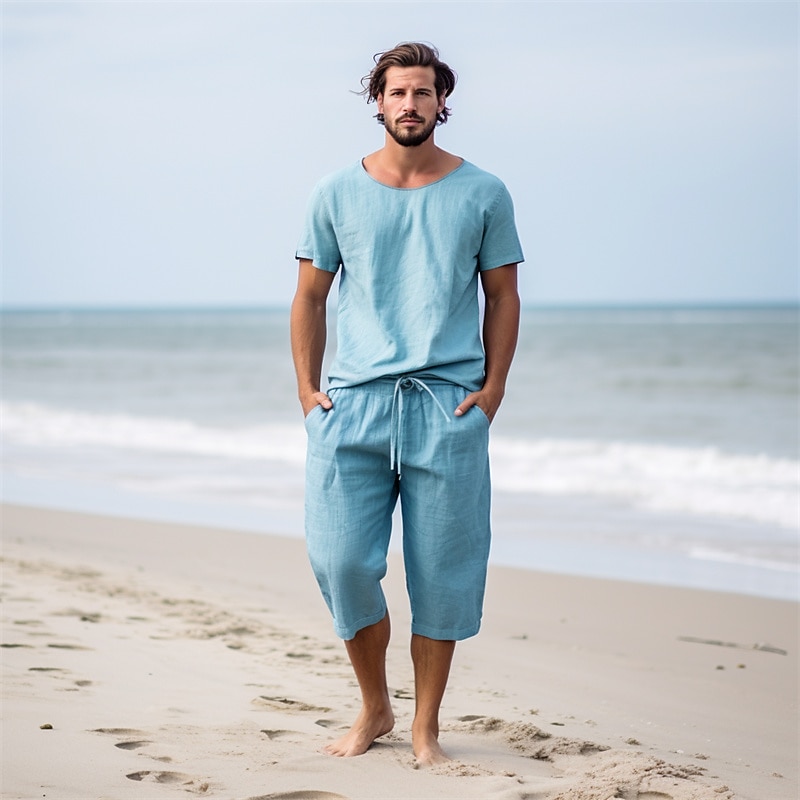 Homens Calção Shorts de linho Shorts de verão Calças Capri Com Cordão Cintura elástica Perna reta Tecido Conforto Respirável Comprimento da panturrilha Casual Diário Feriado Misto de Algodão e Linho de 2025 por $17.99 –P2