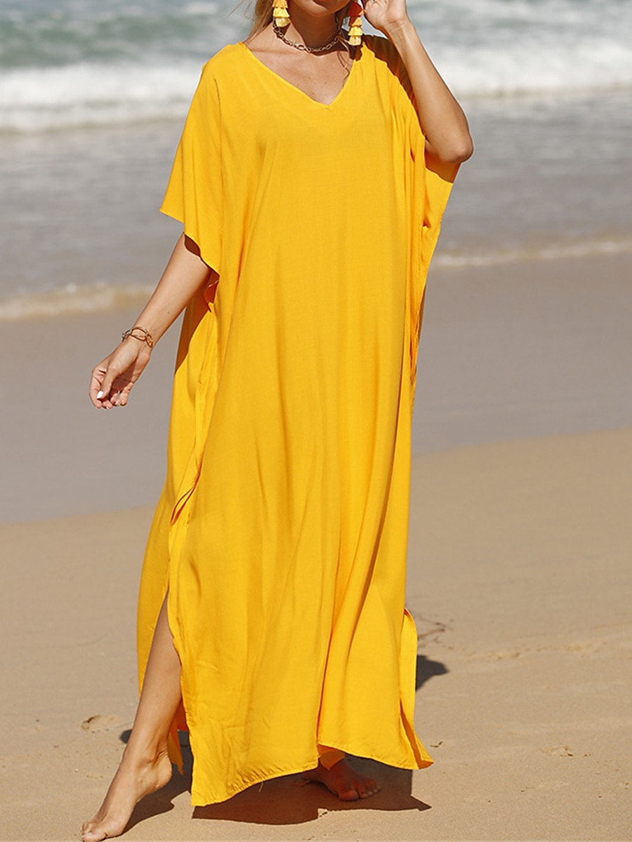 robe blanche Robe casual Robe d'été Femme robe longue Fendu Rendez-vous Vacances Plage Maxi basique Col V Demi Manches Ample Noir Blanche Jaune Taille unique de 2025 ? $41.99 –P14