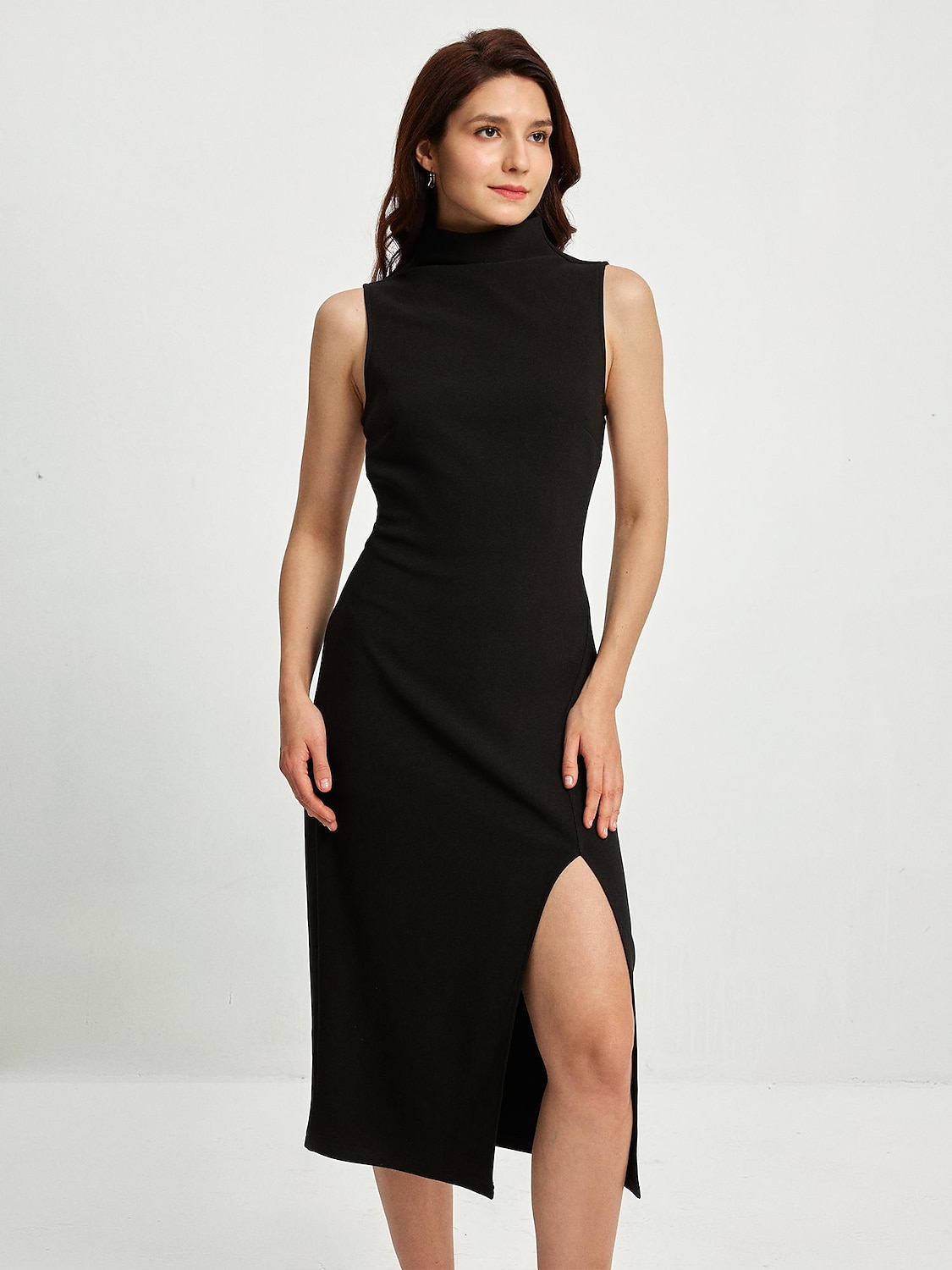 rochie neagra dama rochie fara maneci cu crapatura inalta rochie de petrecere midi cu gat inalt 2025 - $22.99 –P4