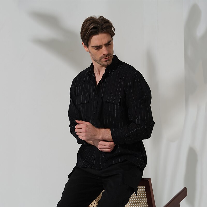 100% Lin Poche Homme Chemise Chemise Lin Chemise boutonnée Noir bleu marine manche longue Plein Revers Printemps & Automne Extérieur Vacances Vêtement Tenue de 2026 ? $39.99 –P4