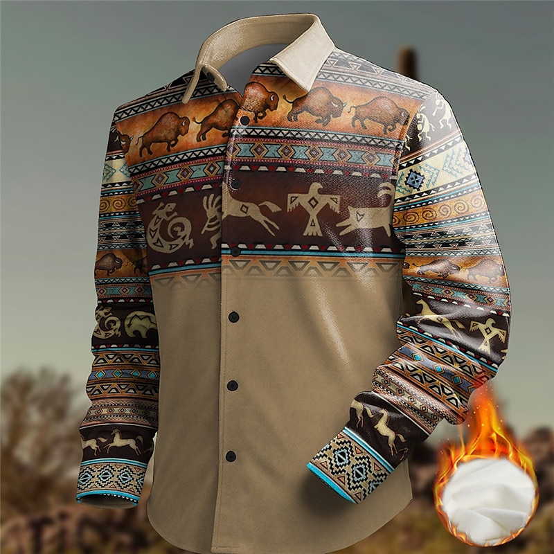 Homme Ethnique Chemise Chemise Western Chemise de cow-boy manche longue Rétro Vintage Tribal Vacances Usage quotidien Sortie Automne hiver Col rabattu Imprimer Bouton bas Toison Bleu Marron Gris de 2025 ? $37.99 –P4