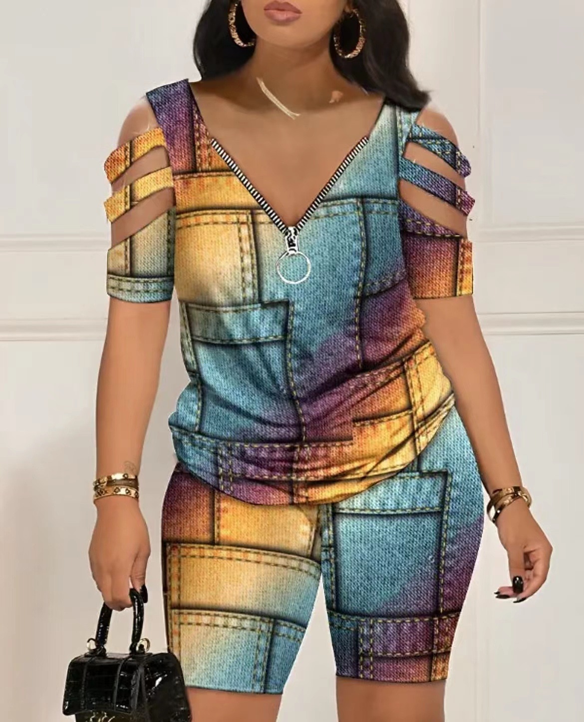 Femme Chemise Ensembles de shorts Graphic Zippé Découpé Casual Quotidien Mode Manche Courte Col V Noir Eté de 2025 ? $32.99 –P6
