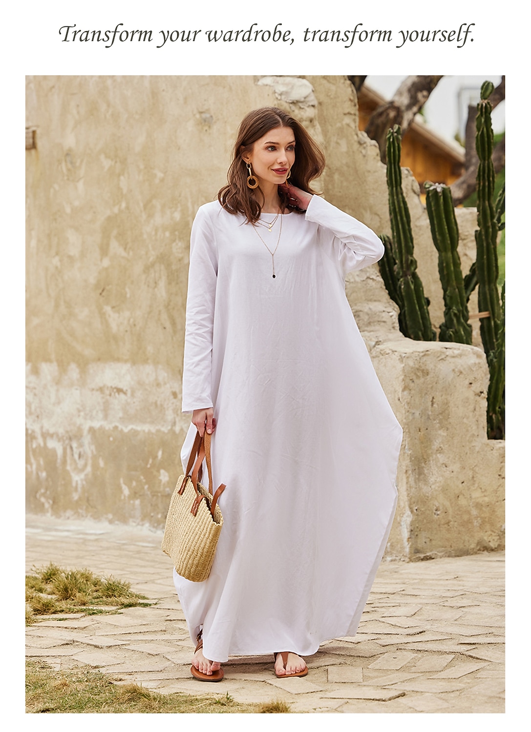 55% Linen Women's White Linen Dress Plain Breathable Crew Neck Pocket  Comfortable Maxi Dress Long Sleeve Loose Summer Spring 2026 - $66.99
