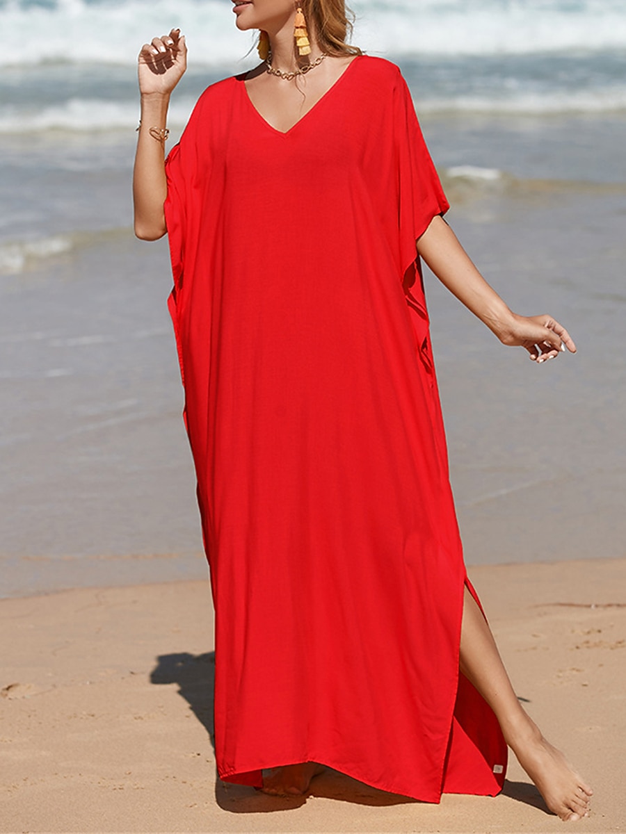 robe blanche Robe casual Robe d'été Femme robe longue Fendu Rendez-vous Vacances Plage Maxi basique Col V Demi Manches Ample Noir Blanche Jaune Taille unique de 2025 ? $41.99 –P12