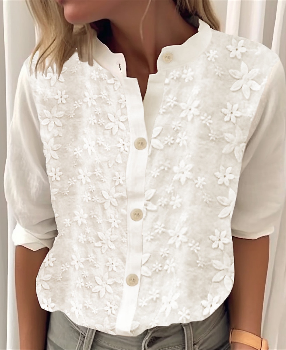 Kvinne Hvit Elegant Blonde Topper Øyelet Bluse Brodert Hvit 3/4 Lengde Ermer Knappe-Ned Elegant Uformell Elegant Top Romantisk Petit Topper Sommerferie Antrekk Halvformelle Bluser 2025 - $12.59 –P3