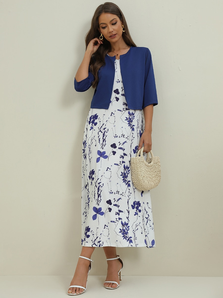 Women's Midi Dress Two Piece Dress Set Casual Dress Print Dress Daily Vacation Fashion Elegant Pocket Print Crew Neck Half Sleeve Floral Regular Fit Black Navy Blue Green Summer Spring S M L XL XXL 2025 - $46.99 –P1