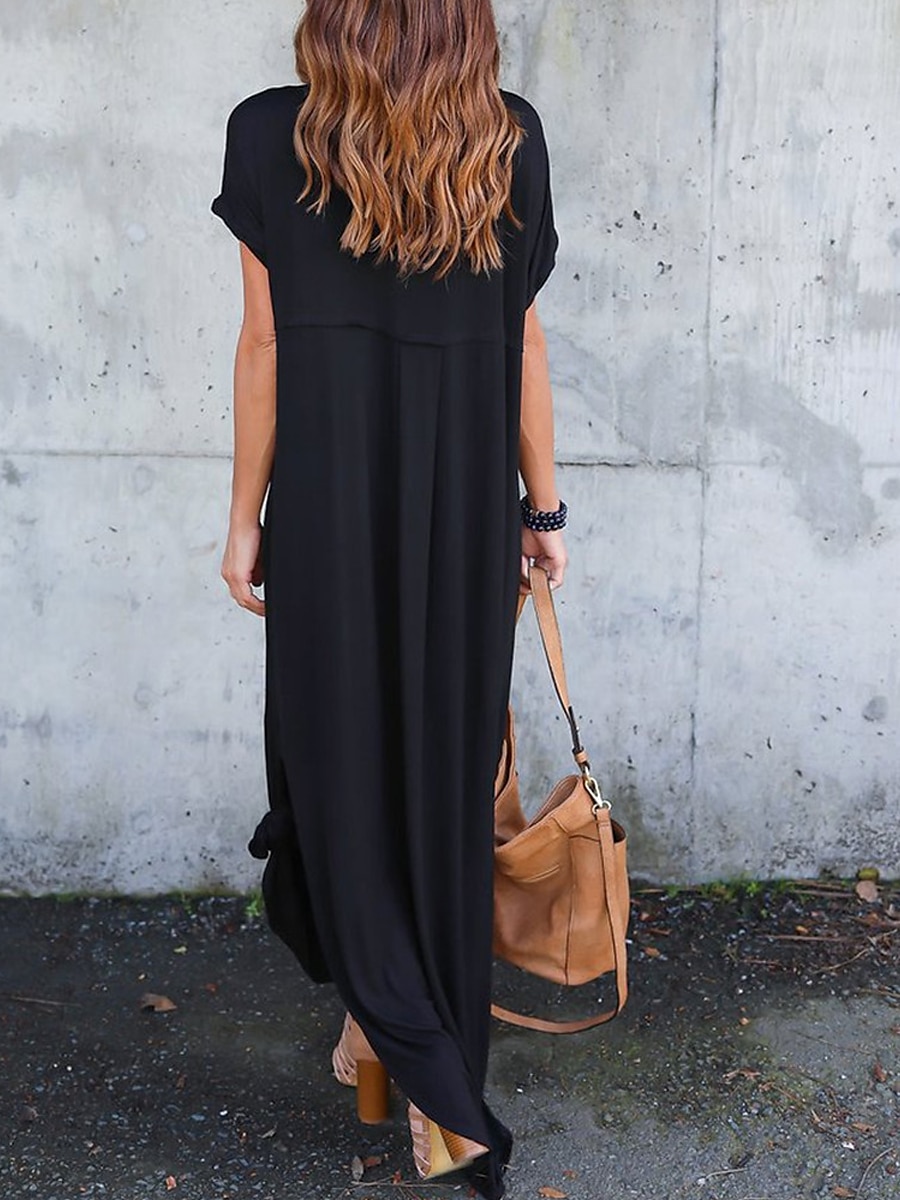 Damen Casual kleid kleid lang Baumwolle Tasche Gespleisst Verabredung Maxi Basic V Ausschnitt Kurzarm Schwarz Weiß Rosa Farbe 2025 - $39.99 –P12