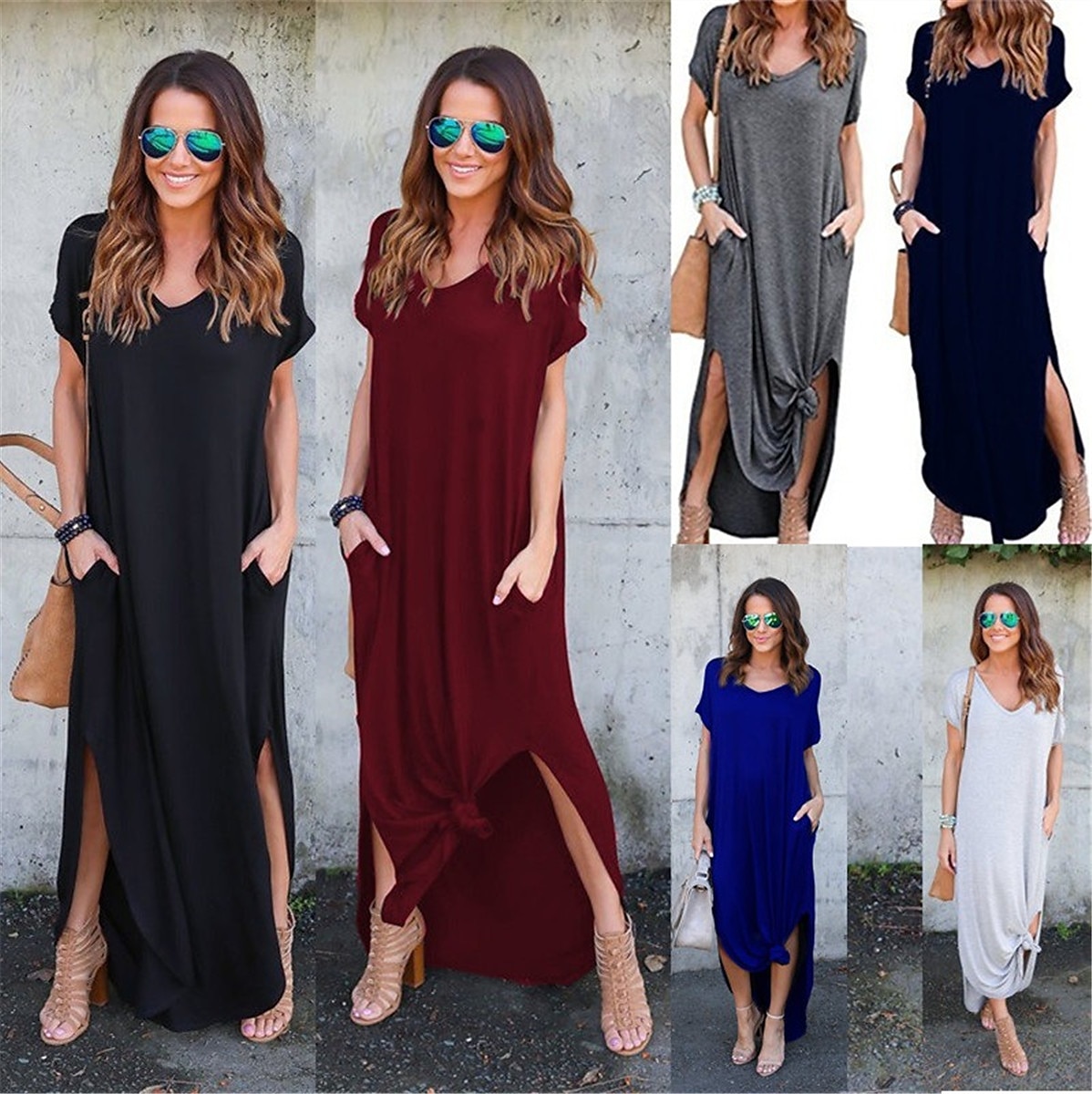Damen Casual kleid kleid lang Baumwolle Tasche Gespleisst Verabredung Maxi Basic V Ausschnitt Kurzarm Schwarz Weiß Rosa Farbe 2025 - $39.99 –P1