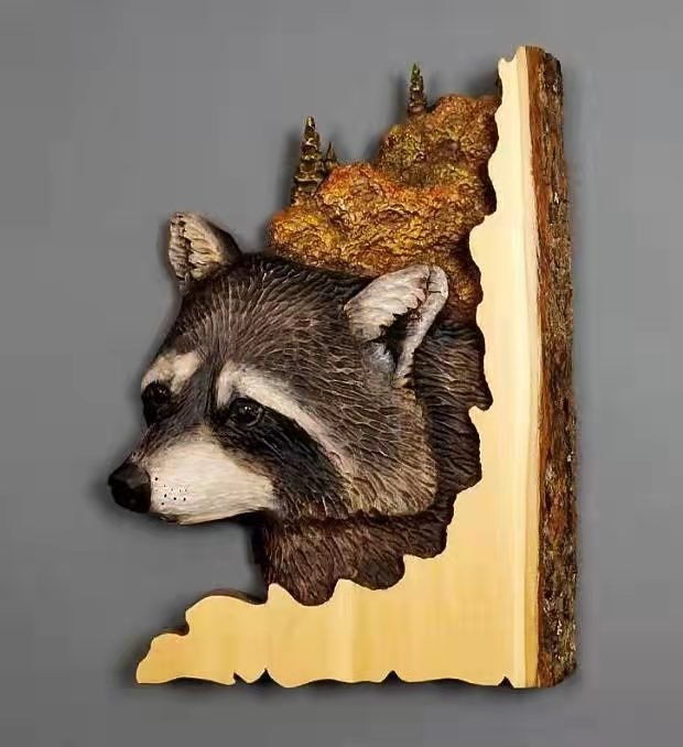 Escultura colgante de pared artesanal tallada en animales, decoración pintada a mano de ciervo, oso mapache de madera, para la sala de estar del hogar 2025 - $10.99 –P10