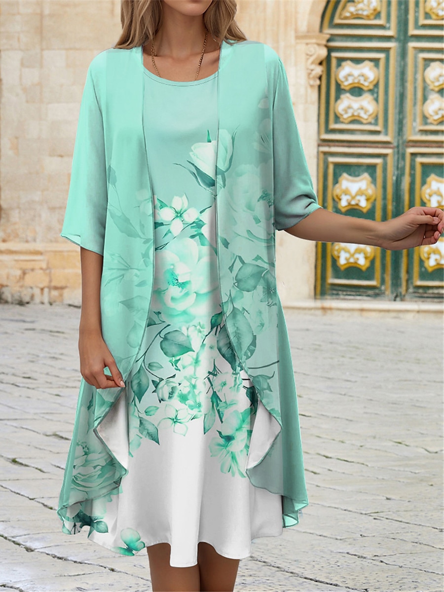 Robe de graduation pour femmes Robe midi Robe d'invitée Cocktail Robe en chiffon Décontractée Élégante Ensemble de deux pièces Printemps Col rond À manches courtes Imprimé floral Ajustement ample de 2025 ? $41.99 –P4