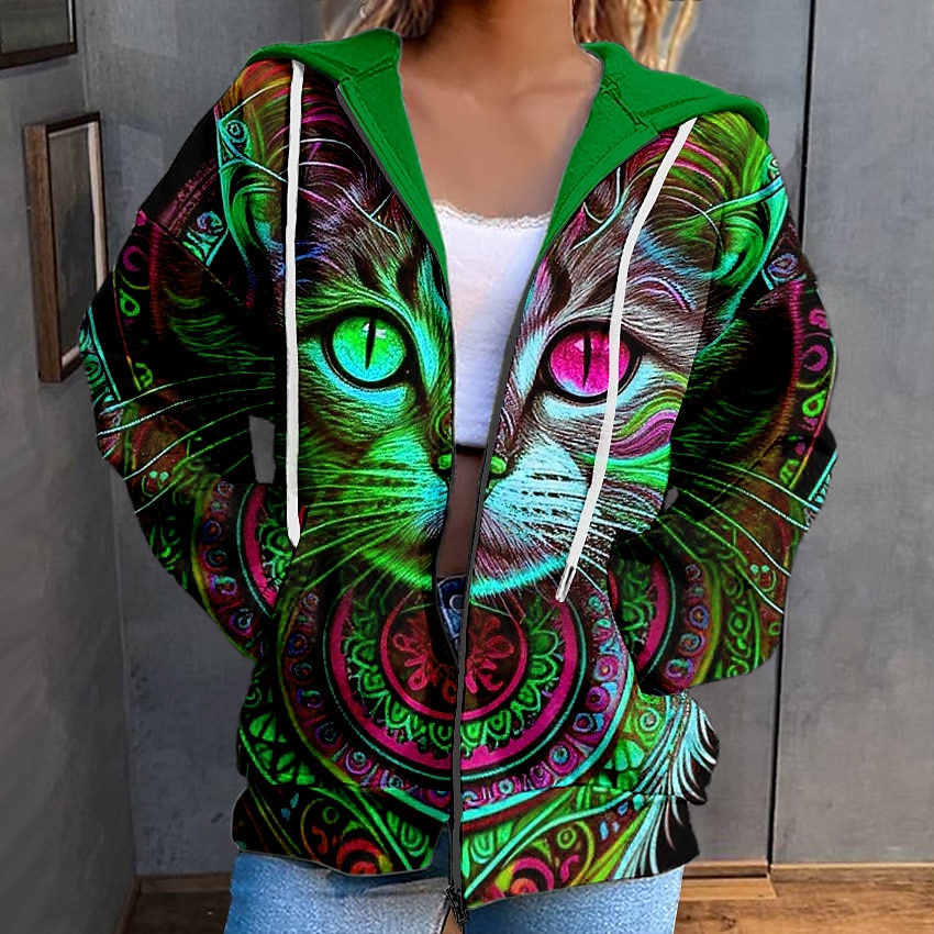 Women's Zipper Hoodie Sweatshirt Cat Casual Sports Drawstring Print Sportswear Funny Hooded Long Sleeve Top Micro-elastic Fall & Winter Comfrt Breathable Soft Fabric 2025 - $24.99 –P3