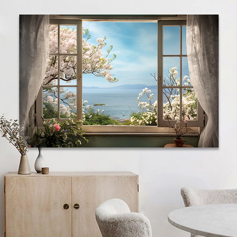 Paisaje pared arte lienzo ventana falsa primavera flores de cerezo impresiones y carteles fotos tela decorativa pintura para sala de estar fotos sin marco 2025 - $17.49 –P2