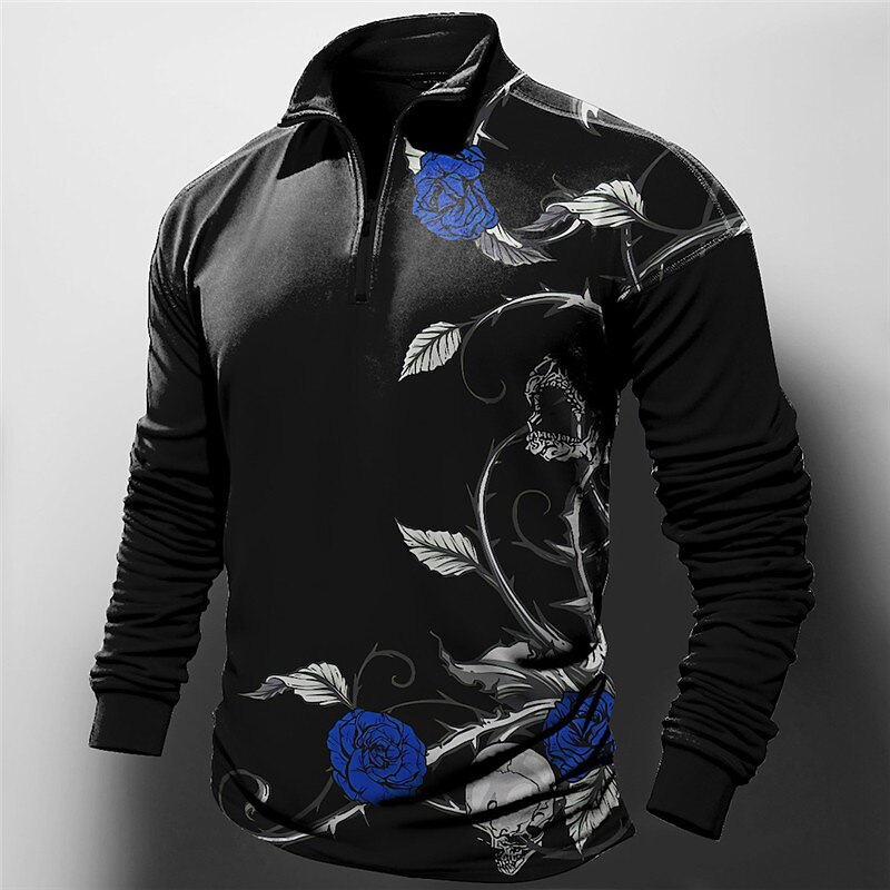 Valentine's Day Rose Men's Abstract Print 3D Zip Polo Outdoor Casual Daily Streetwear Polyester Long Sleeve Zip Polo Shirts Red Blue Spring & Summer S M L Micro-elastic 2025 - $23.99 –P3