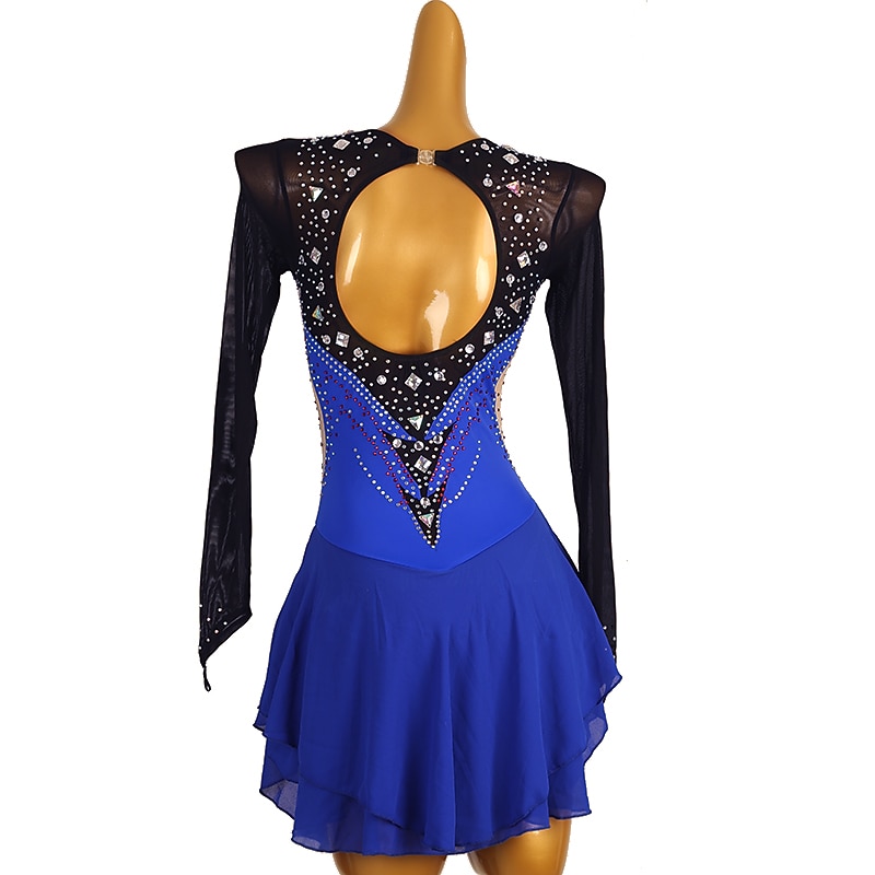 Kunstschaatsjurk Dames Voor meisjes Schaatsen Jurken Marine Blauw Lapwerk Open achterkant Netstof Spandex Hoge Elasticiteit Opleiding Wedstrijd Kunstschaatskleding Klassiek Lange mouw Schaatsen 2025 - $94.99 –P4