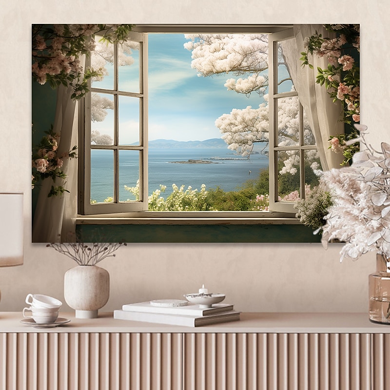 Paisaje pared arte lienzo ventana falsa primavera flores de cerezo impresiones y carteles fotos tela decorativa pintura para sala de estar fotos sin marco 2025 - $17.49 –P10
