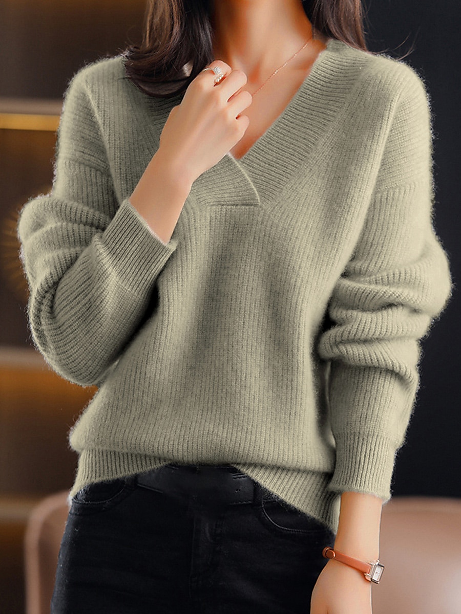 Damen Pullover Stilvoll Brautkleider schlicht Weich Feste Farbe Gerippt V Ausschnitt überdimensional Langarm Normale Oberteile Stricken Outdoor Täglich Ausgehen Marineblau Blau Herbst Winter 2025 - $31.99 -P6