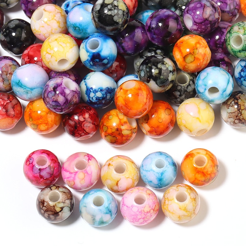 50/100pcs entusiastas de contas 8/10/12mm contas espaçadoras de acrílico rachado, tinta colorida impressa padrão de cerâmica buraco reto contas redondas diy pulseira colar pingente de joias. de 2026 por $9.99 –P4