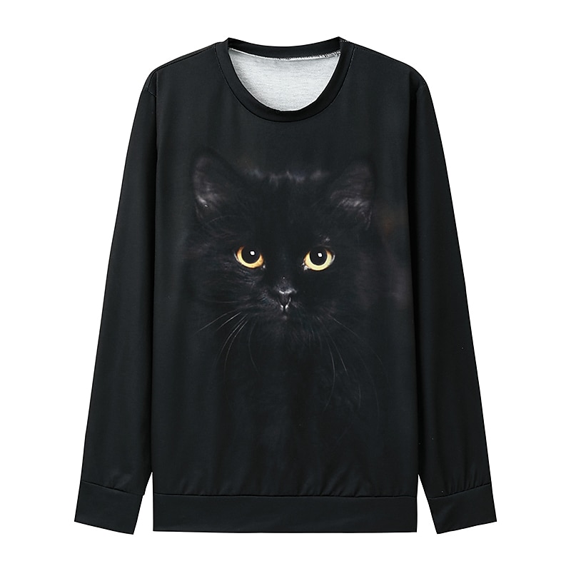 Women's Plus Size Sweatshirt Pullover Cat Street Casual Black Basic Round Neck Long Sleeve Top Micro-elastic Fall & Winter 2024 - $22.99 –P1