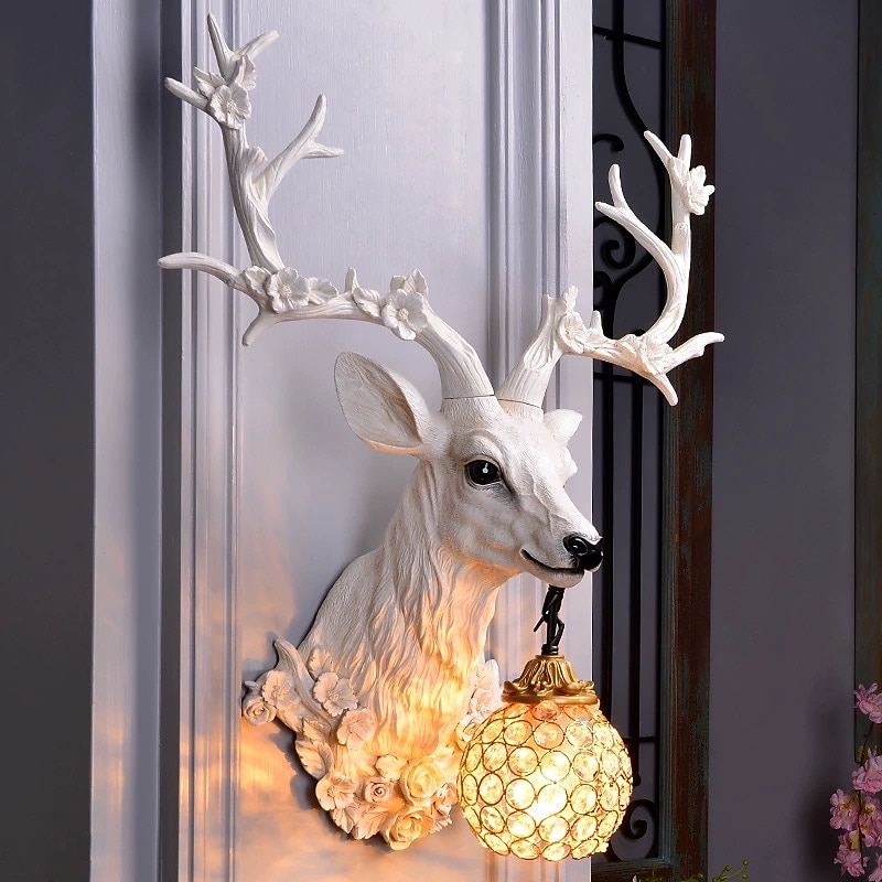 Lucky Deer Head kinkiet kreatywna żywica poroża lampa ścienna do montażu na ścianie lampa z kryształowym abażurem oprawa dekoracyjna do salonu w kolorze białym 2025 - $564.29 –P4