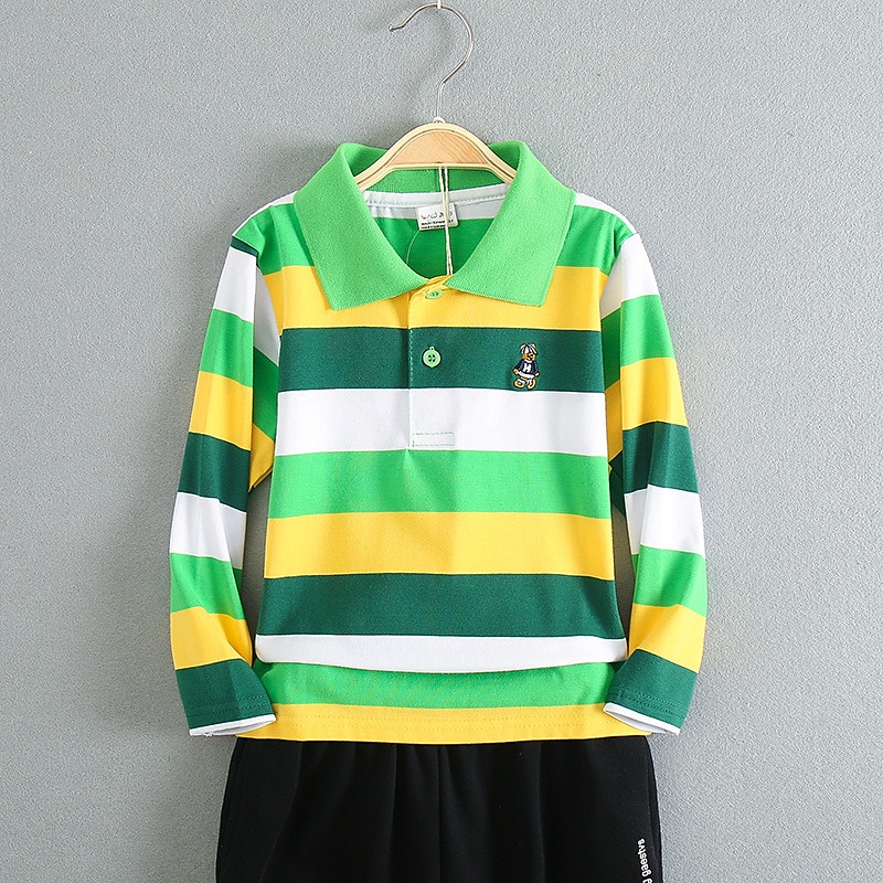 Barn Pojkar T-shirt Tee Tecknat Rand Långärmad Knapp Bomull Barn Top Skola Förtjusande Dagligen Vår Höst GUCI långärmade tjocka ränder 7-13 år 2025 - $17.49 –P5