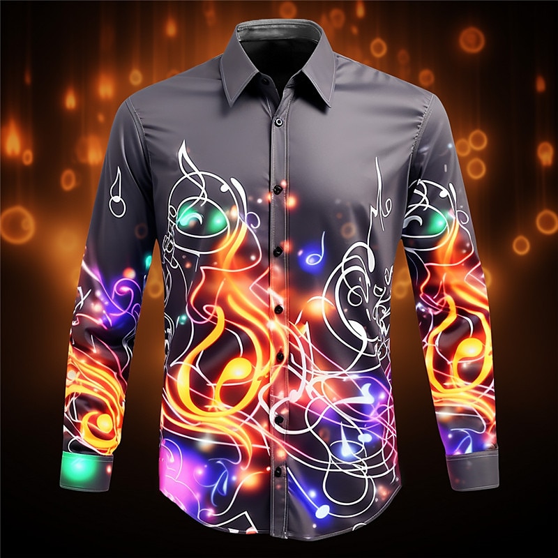 Men's Musical Notes Shirt Button Up Shirt Long Sleeve Artistic Abstract Daily Wear Going out Fall & Winter Turndown Print Button-Down Yellow Red 2025 - GBP £21 –P1