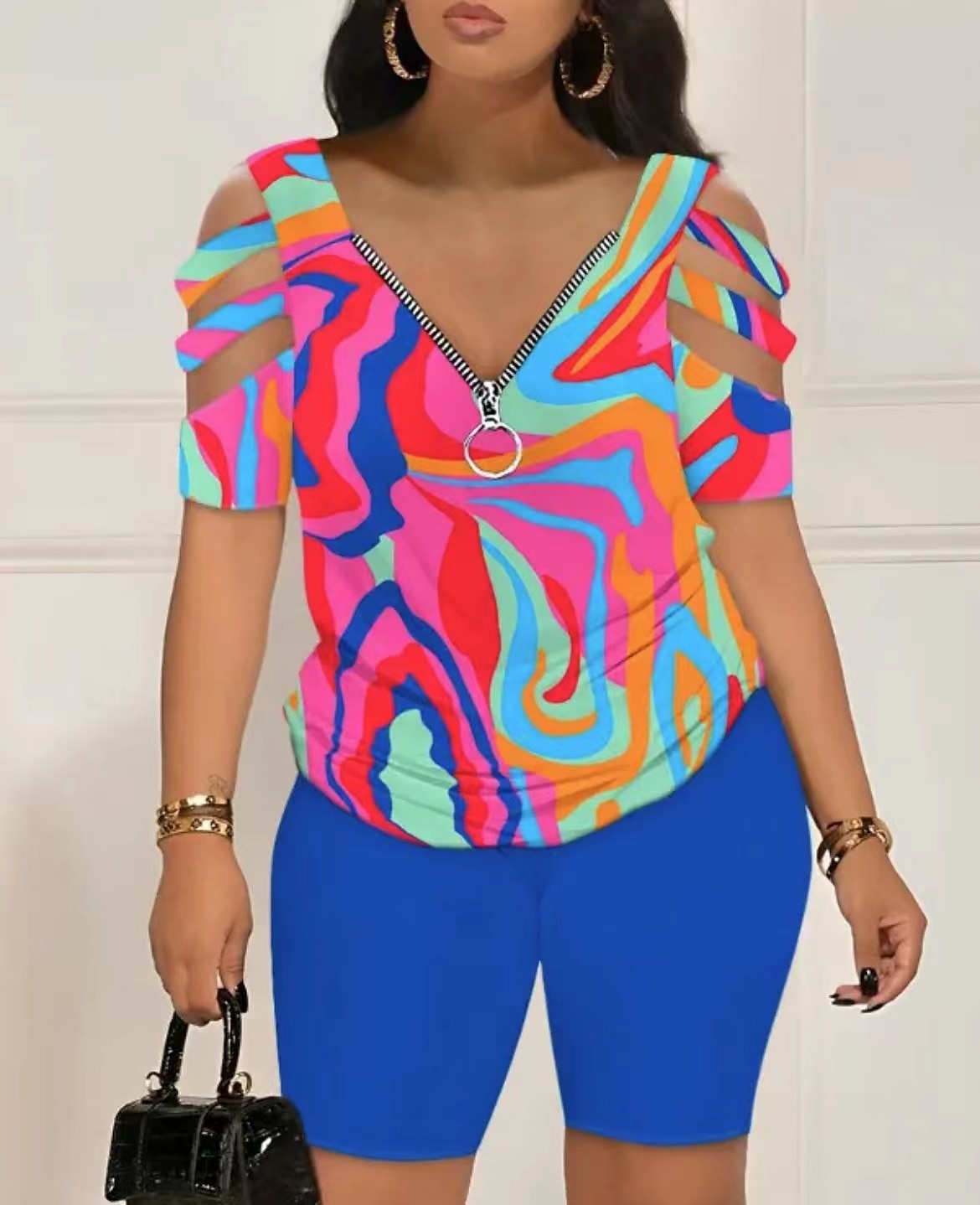 Femme Chemise Ensembles de shorts Graphic Zippé Découpé Casual Quotidien Mode Manche Courte Col V Noir Eté de 2025 ? $32.99 –P3