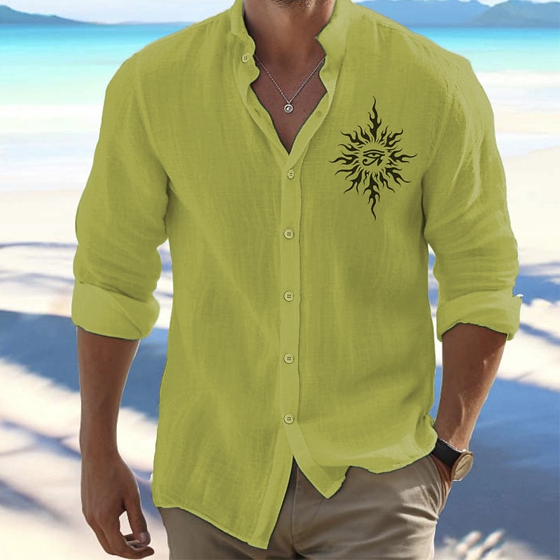 Herren Hemd Knopfhemd Ethno-Hemd Sonne Outdoor Urlaub Weiß Langarm Stehkragen Frühling & Herbst Bekleidung Druck 2026 - $27.99 –P8