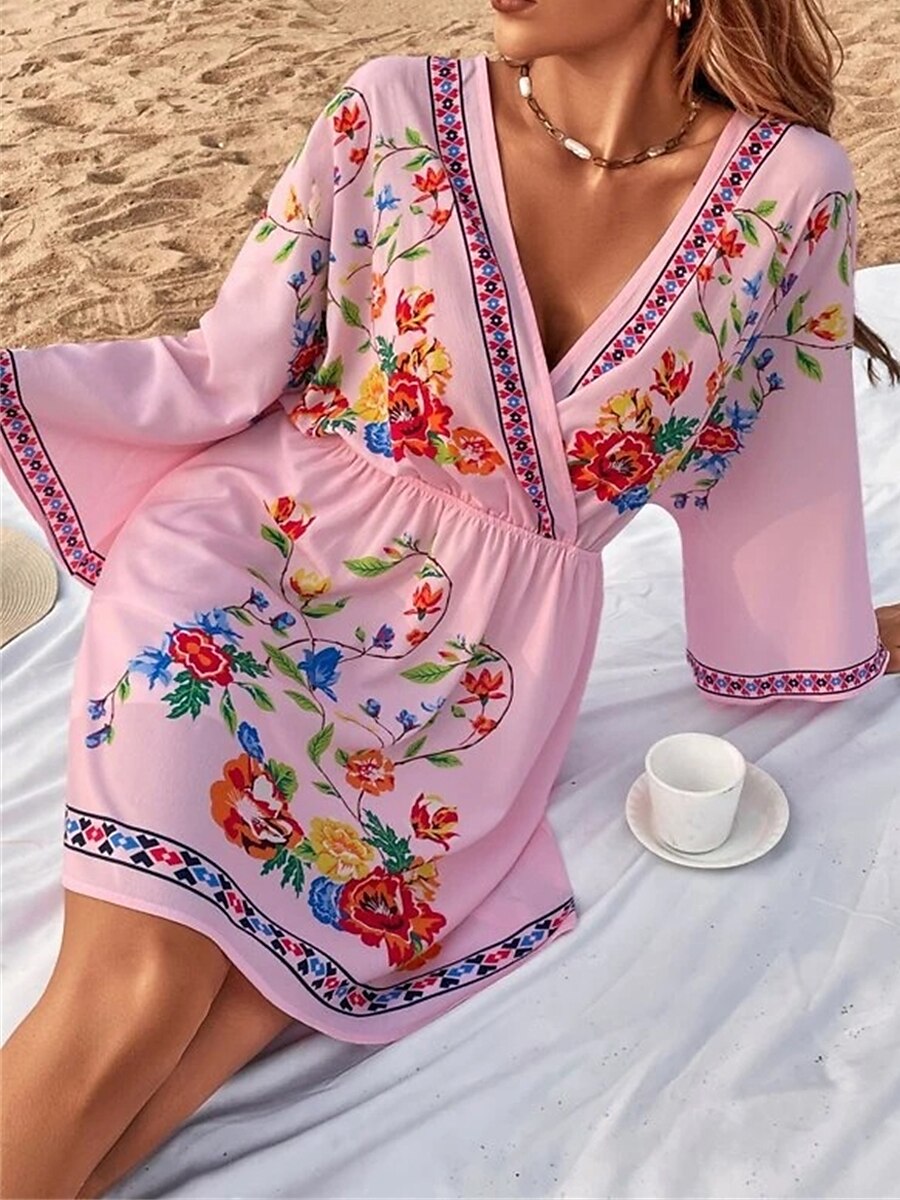 női alkalmi ruha virágmintás v nyak mini ruha etnikai boho vakáció 3/4 hosszú ujjú nyár tavasz 2025 - $27.99 –P10