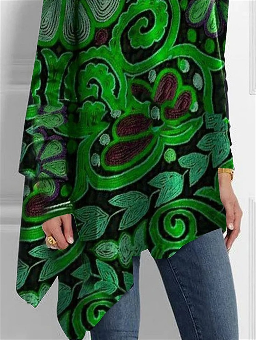 Camiseta de mujer de moda floral impresión dobladillo asimétrico de manga larga largos tops cuello alto casual vacaciones rojo azul verde primavera y otoño 2026 - $25.99 –P4
