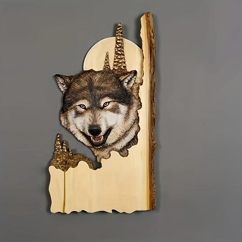 Escultura colgante de pared artesanal tallada en animales, decoración pintada a mano de ciervo, oso mapache de madera, para la sala de estar del hogar 2025 - $10.99 –P7