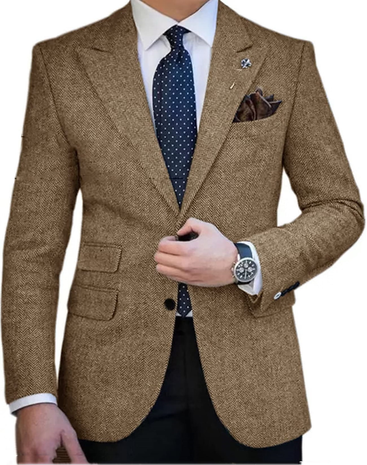 Herren Tweed Blazer Retro Vintage Fischgrätenmuster Blazer Braun Kaki Dunkelgrau Übergrössen Einreiher mit zwei Knöpfen 2025 - $76.99 –P1