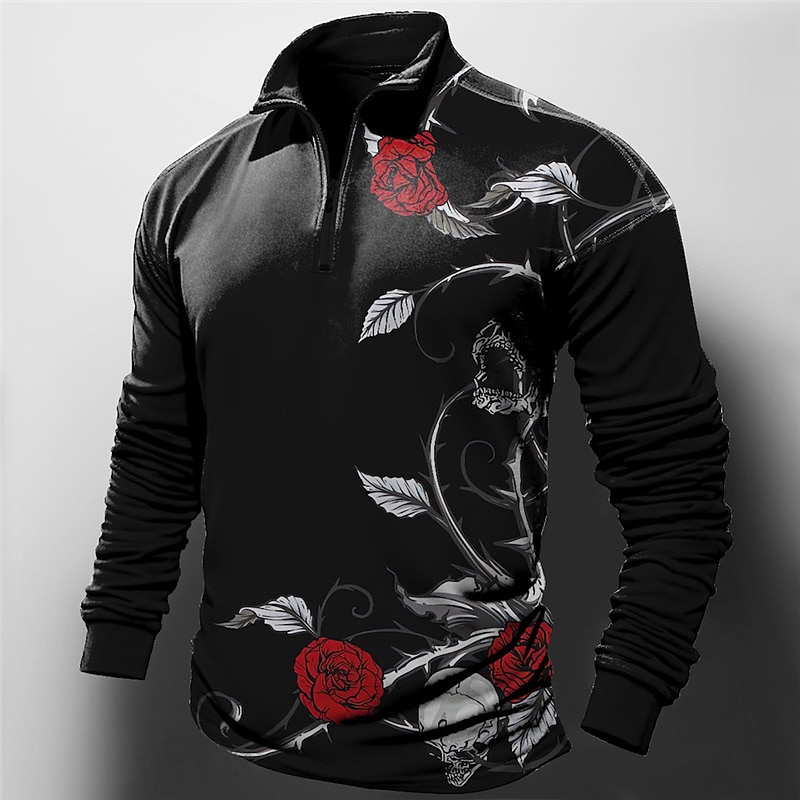 Valentine's Day Rose Men's Abstract Print 3D Zip Polo Outdoor Casual Daily Streetwear Polyester Long Sleeve Zip Polo Shirts Red Blue Spring & Summer S M L Micro-elastic 2025 - $23.99 –P1