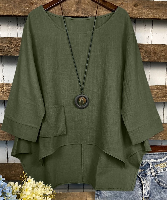 Women's Shirt Blouse Cotton Linen Shirts Plain Fashion Round Neck Casual Pocket Asymmetric Hem Army Green Red Blue Summer 2025 - $27.99 –P2
