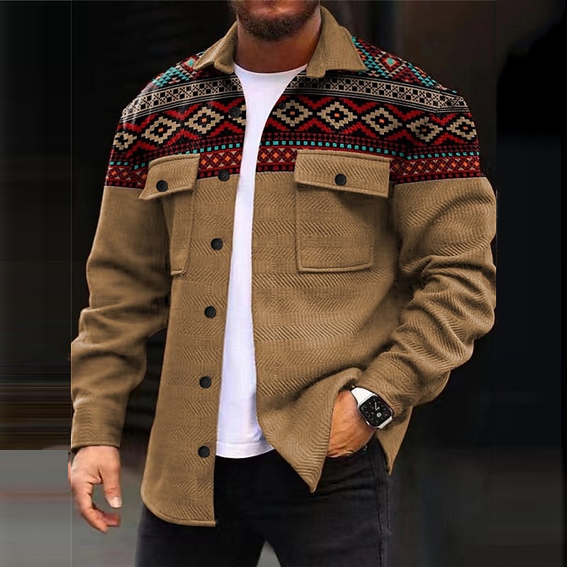 Men's Tribal Geometry Bandana Print Shirt Shirt Jacket Long Sleeve Vintage Casual Tribal Outdoor Street Casual Daily Fall & Winter Turndown Buttons Pocket Print Black Blue Brown 2025 - $39.99 –P1