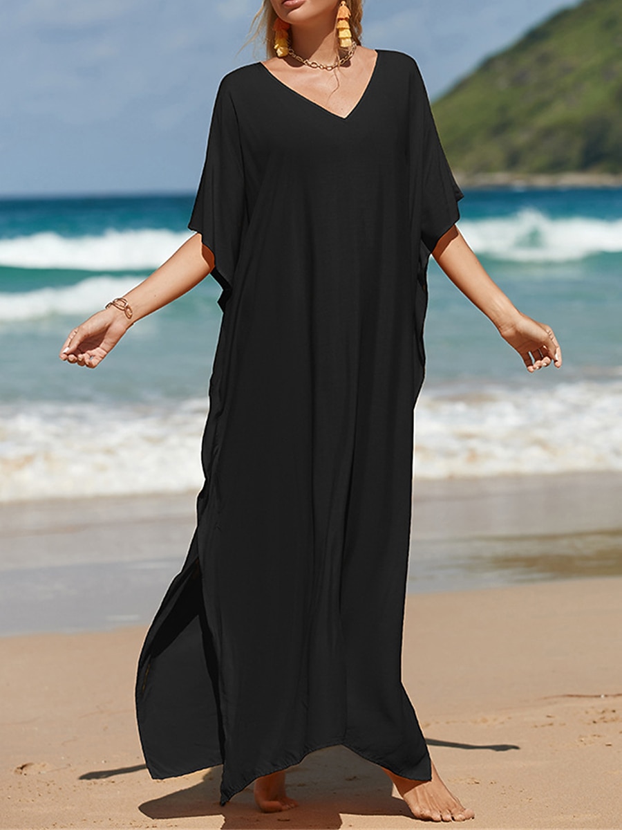 robe blanche Robe casual Robe d'été Femme robe longue Fendu Rendez-vous Vacances Plage Maxi basique Col V Demi Manches Ample Noir Blanche Jaune Taille unique de 2025 ? $41.99 –P5