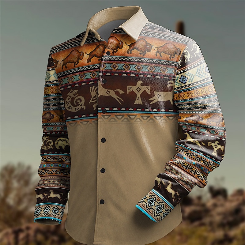 Homme Ethnique Chemise Chemise Western Chemise de cow-boy manche longue Rétro Vintage Tribal Vacances Usage quotidien Sortie Automne hiver Col rabattu Imprimer Bouton bas Toison Bleu Marron Gris de 2025 ? $37.99 –P3