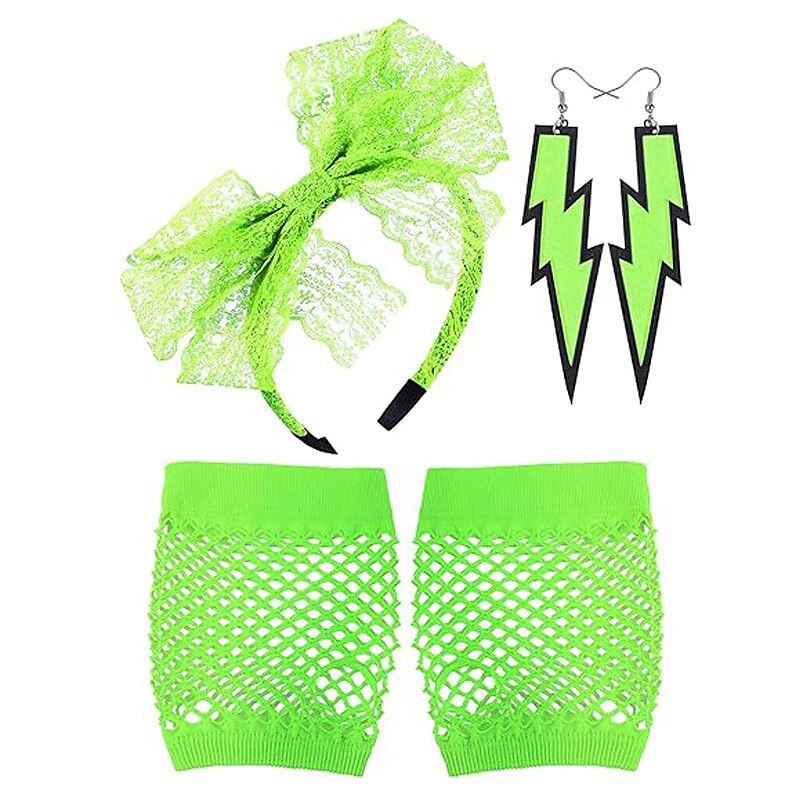 Set di gioielli con cerchi per capelli con fascia in pizzo per feste al neon del 1980, orecchini con fulmini al neon, guanti a rete del 2025 a $12.49 -P4