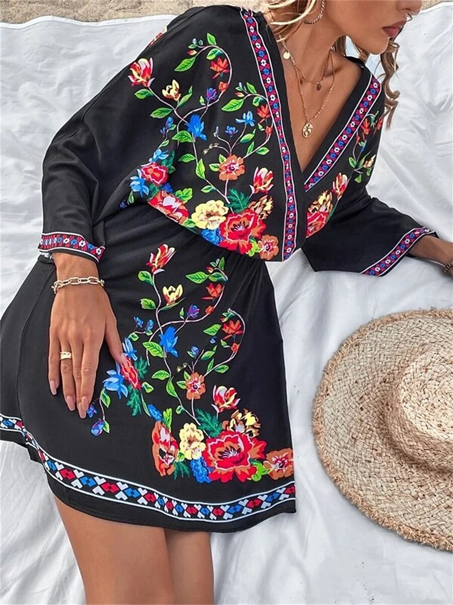 női alkalmi ruha virágmintás v nyak mini ruha etnikai boho vakáció 3/4 hosszú ujjú nyár tavasz 2025 - $27.99 –P17