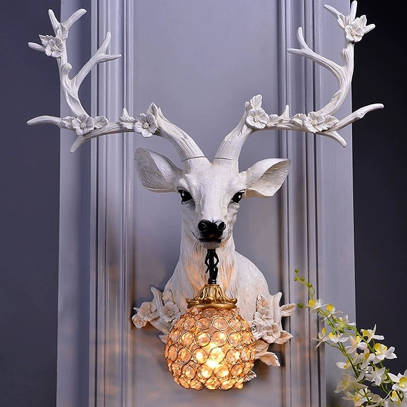 Lucky Deer Head kinkiet kreatywna żywica poroża lampa ścienna do montażu na ścianie lampa z kryształowym abażurem oprawa dekoracyjna do salonu w kolorze białym 2025 - $564.29 –P5