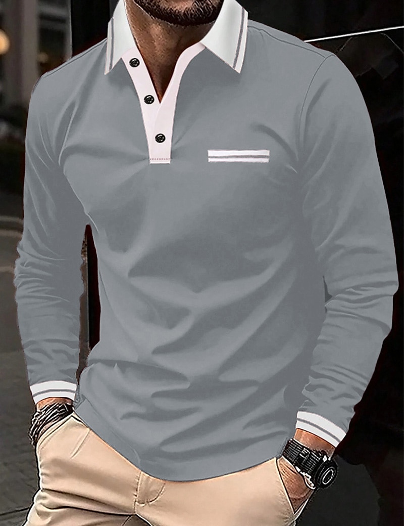 Herren Poloshirt Polos mit Knöpfen Casual Sport Kargen Langarm Modisch Basic Farbblock Taste Tasche Frühling & Herbst Regular Fit Marineblau Wein Dunkelgrau Hellgrau Poloshirt 2025 - $20.99 –P2