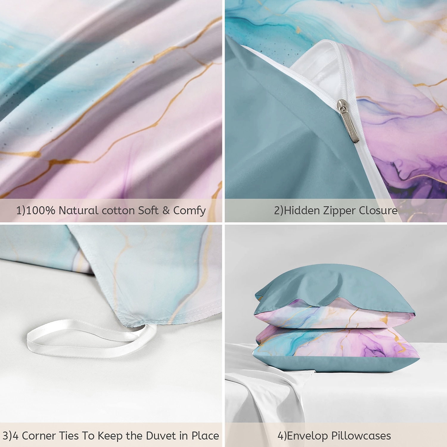 Parure de lit réversible 100 % satin de coton l.t.home, 300 fils au pouce carré, motif marbre, ensemble de literie Elite, taille Queen et King de 2025 ? $83.99 –P2