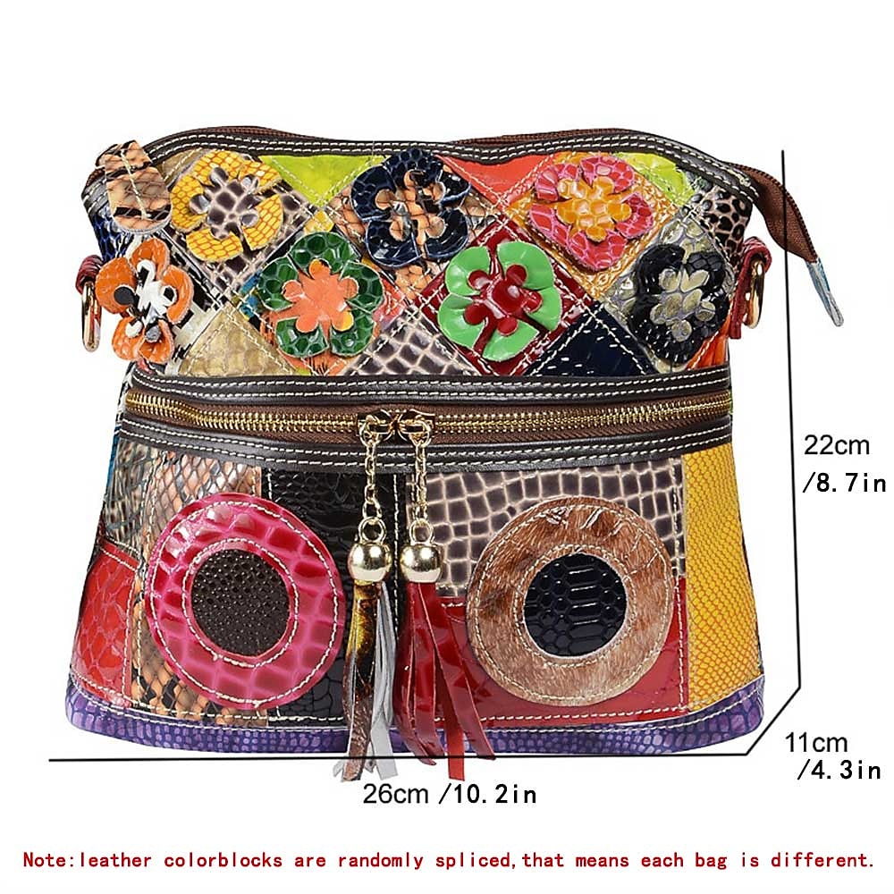 borsa a tracolla in pelle patchwork colorata da donna - borsa in stile bohémien con accenti floreali del 2025 a $64.99 –P1