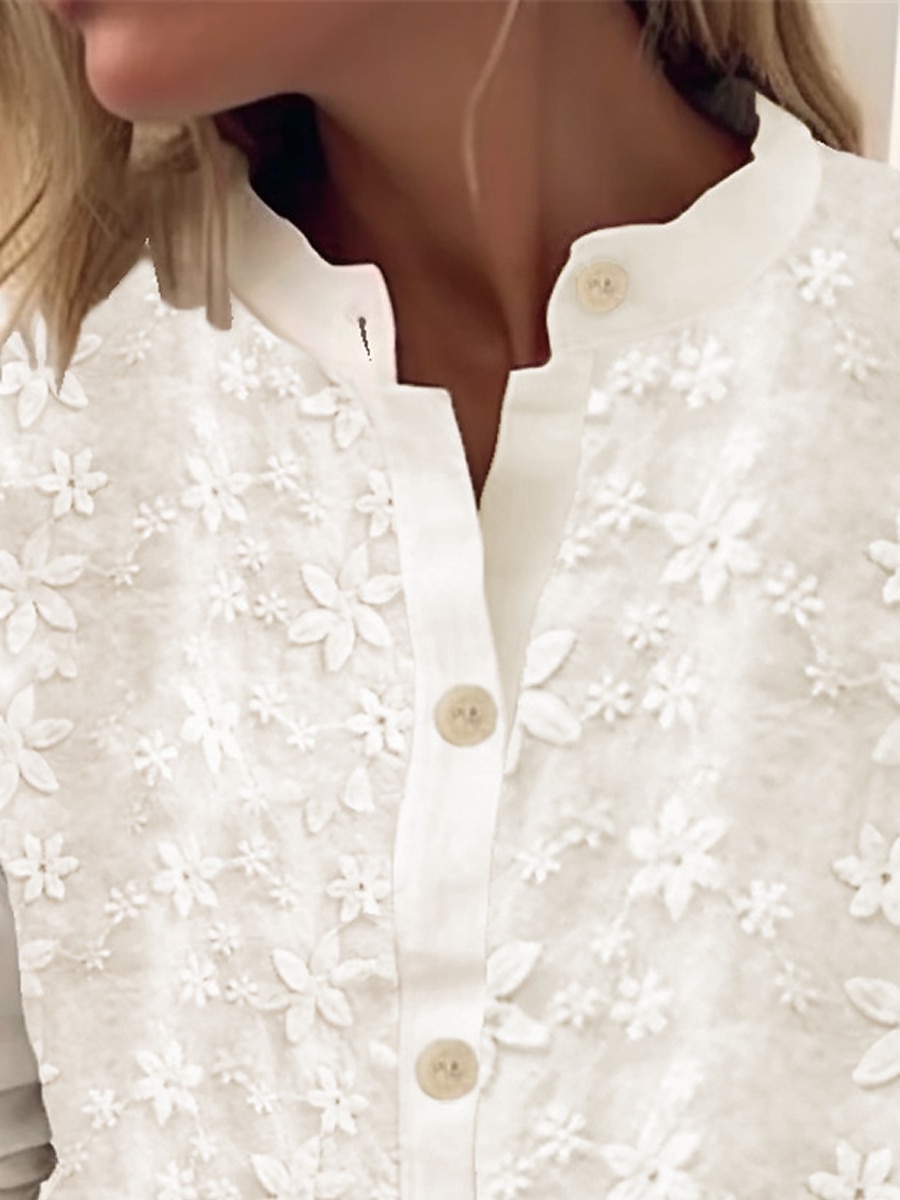 Kvinne Hvit Elegant Blonde Topper Øyelet Bluse Brodert Hvit 3/4 Lengde Ermer Knappe-Ned Elegant Uformell Elegant Top Romantisk Petit Topper Sommerferie Antrekk Halvformelle Bluser 2025 - $12.59 –P1
