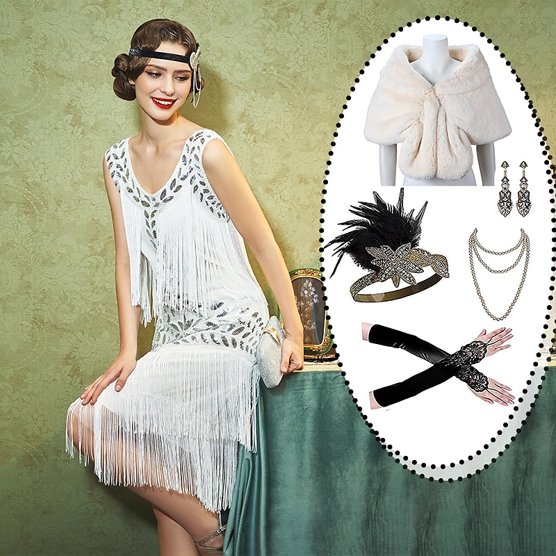 sett med midi flapper kjole fjær pannebånd fuskepels sjal halskjede øredobber lange operahansker kvinners brølende 20-tallet 1920-talls antrekk flapper jente cocktail maskeradefest karneval 2025 - $74.99 –P16