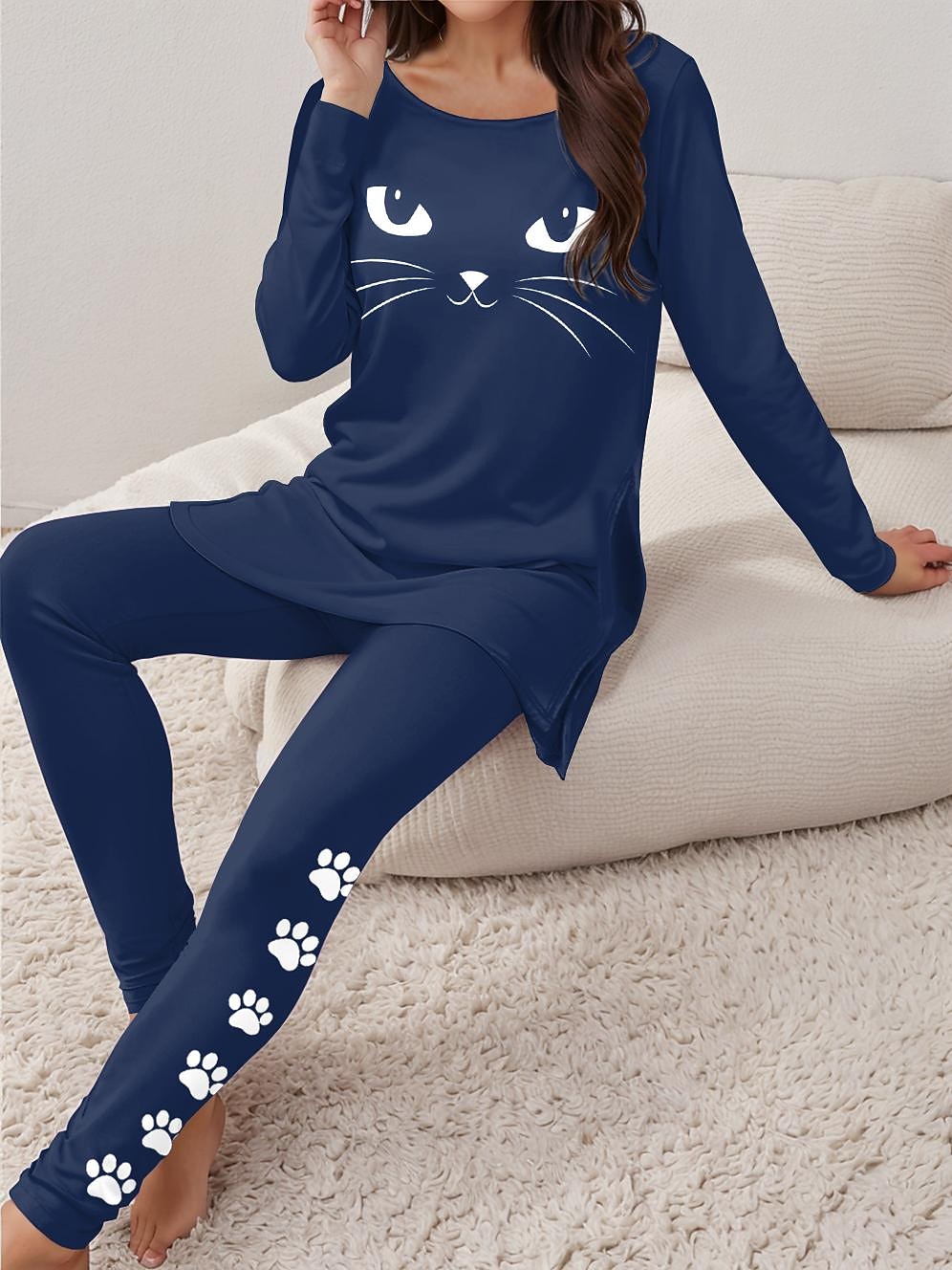 Set di pigiami da donna Pigiama Loungewear Collo rotondo Maniche lunghe Casual Maglietta Set di pantaloni Stampa Sport all'aperto Quotidiano Nero Primavera e Autunno Outfit per casa del 2026 a $34.99 –P2
