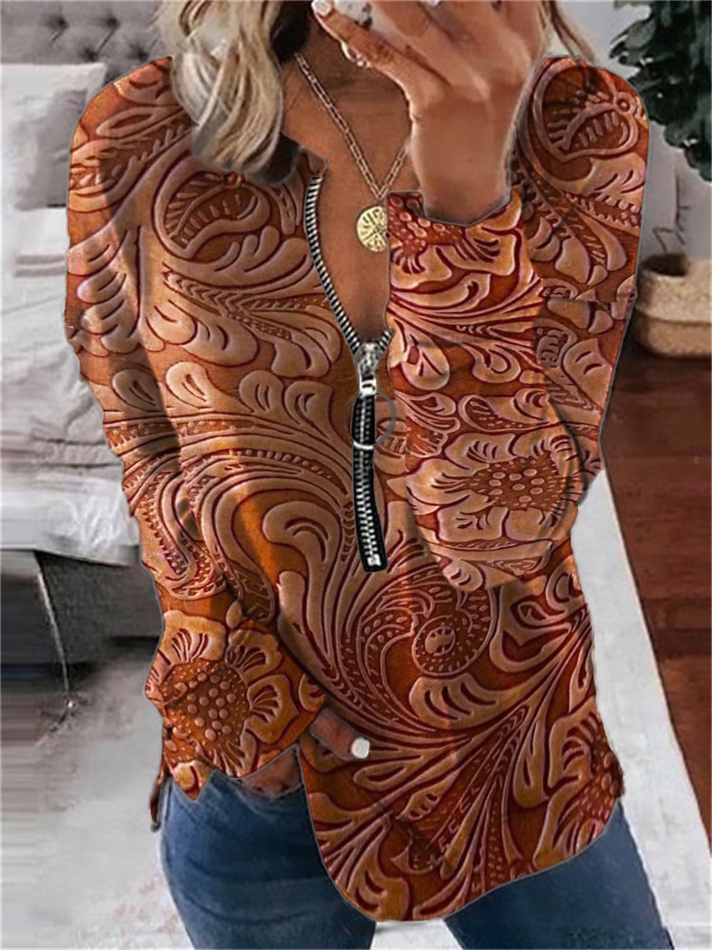 kvinners valentine hjerte sweatshirt genser leopard fritidssport rund hals print kvart glidelås lange ermer svart hvit gul oransje grønn høst &amp; vinter 2025 - $33.99 –P6