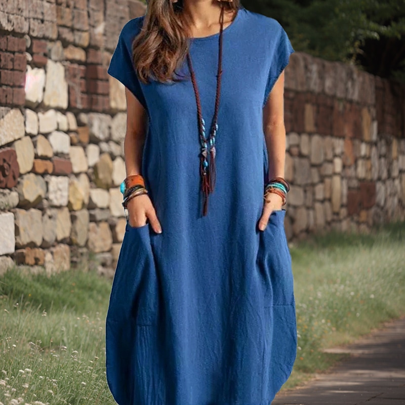 Femmes Noir Blanche bleu marine Été Printemps Robe Midi Robes inspirées du lin Robe Décontractée Robe fourreau Classique Occasionnel Extérieur Vacances Quotidien Coupe régulière Couleur Unie Col ras de 2025 ? $32.99 –P2