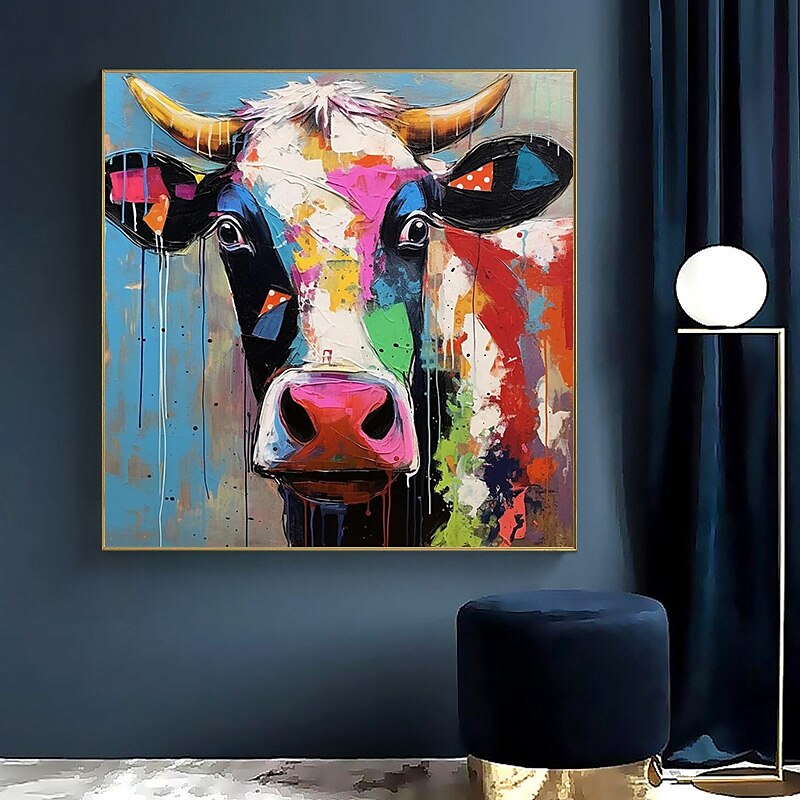 ručně malovaná barevná malba krávy na plátně paletový nůž těžký texturovaný obraz čtvercová stěna pop art statek umělecká díla dobytek dárek bez rámu 2025 - $108.99 –P6