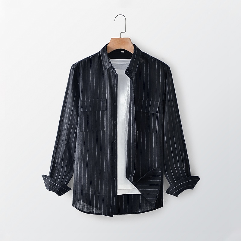 100% Lin Poche Homme Chemise Chemise Lin Chemise boutonnée Noir bleu marine manche longue Plein Revers Printemps & Automne Extérieur Vacances Vêtement Tenue de 2026 ? $39.99 –P8