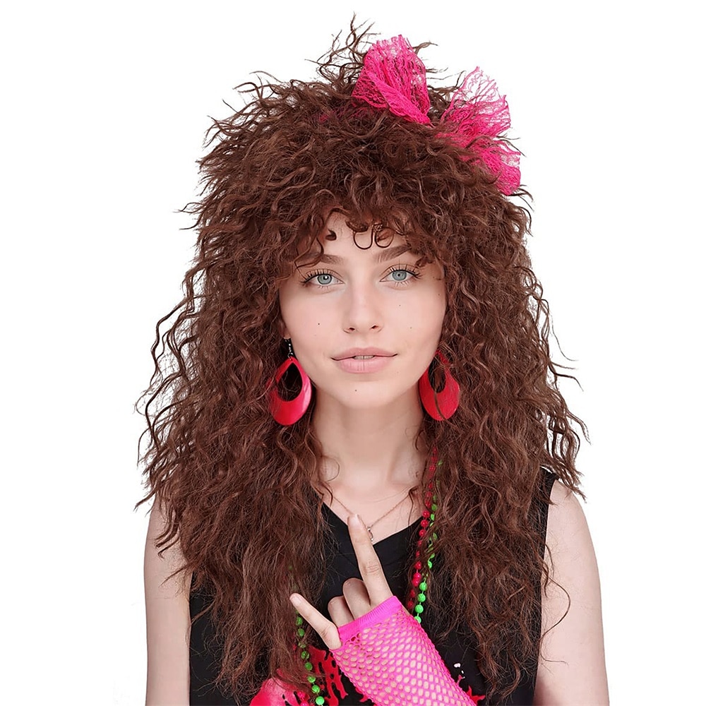 perruque synthétique bouclée avec frange perruque fabriquée à la machine longue a1 cheveux synthétiques femme cosplay doux fête marron foncé perruques de carnaval de 2025 ? $18.99 –P1